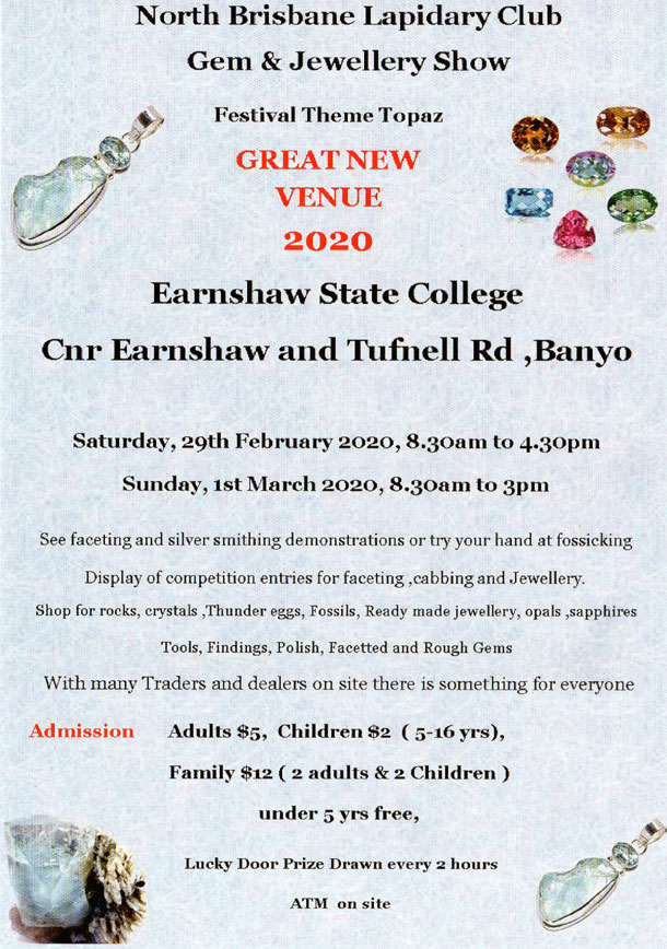 Flyer advertising the 2020 North Brisbane Lapidary Club Gem Show with details of venue, dates and times
